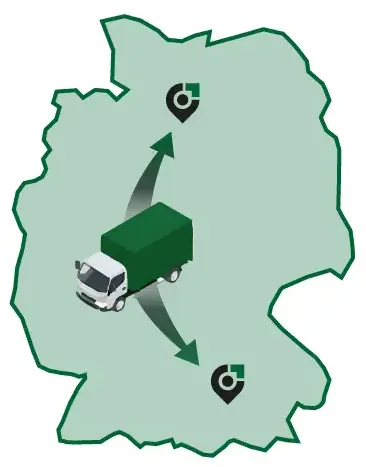 Umrisskarte von Deutschland mit einem Pfeil, welcher von der Stadt Hamburg bis nach München reicht. In der Mitte sieht man eine Illustration von einem Umzugstransporter.