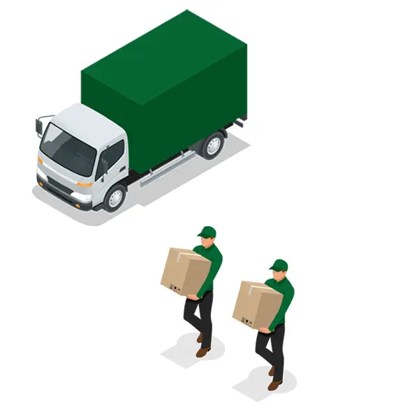 Illustration für einen Umzug-Gutschein von Thore Schild Umzüge. Illustration von einem Transporter und zwei Umzugshelfern, die Umzugskartons tragen.