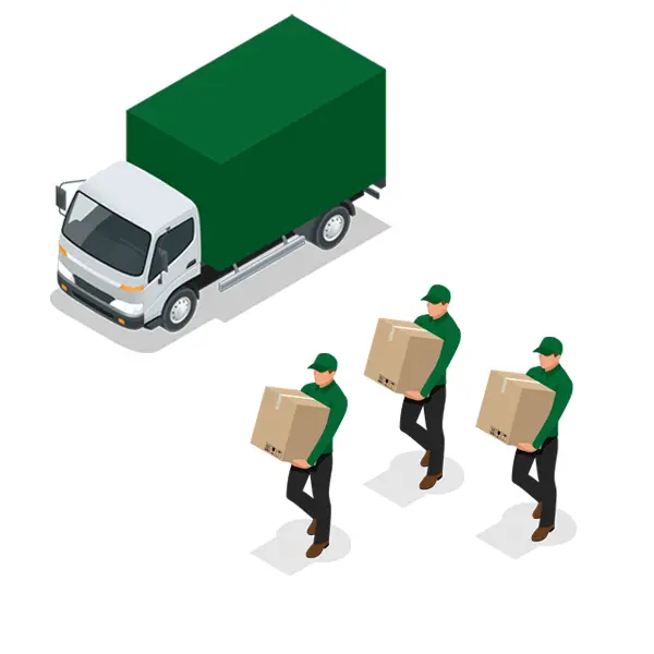 Illustration für einen Umzug-Gutschein von Thore Schild Umzüge. Illustration von einem Transporter und drei Umzugshelfern, die Umzugskartons tragen.