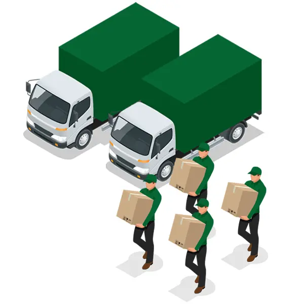 Illustration für einen Umzug-Gutschein von Thore Schild Umzüge. Illustration von einem Transporter und drei Umzugshelfern, die Umzugskartons tragen.